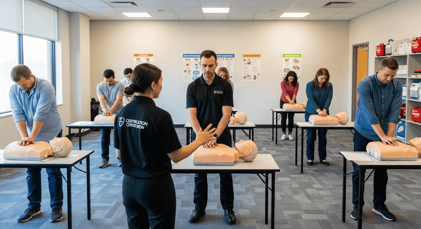 CPR1 training: CPR certification training class with students practicing chest compressions on manikins