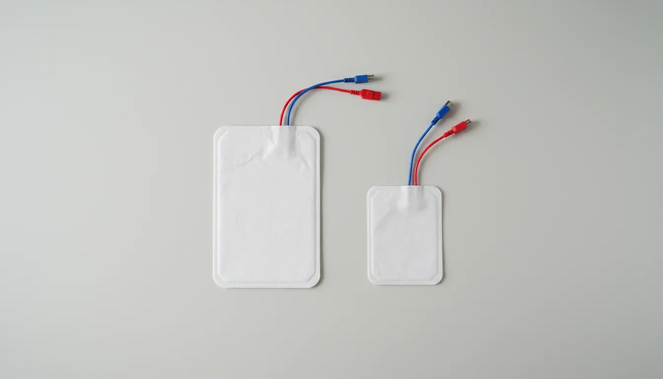 AED electrode pads for adult and child defibrillation, showing size comparison on a clinical surface